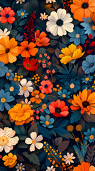 Seamless pattern with flowers, leaves, and abstract colors for a vintage wallpaper or nature-inspired design.