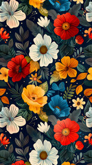 Obraz premium Seamless pattern with flowers, leaves, and abstract colors for a vintage wallpaper or nature-inspired design.