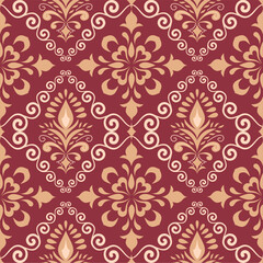 Seamless red and gold damask pattern background with intricate floral and ornamental motifs. Perfect for wallpaper, textiles, home decor, rugs, curtains, digital design and luxury branding. 