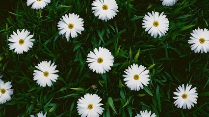 Fototapeta premium Serene Close-Up of White Daisies with Yellow Centers on Green Leaves