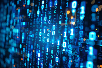 Digital binary code matrix background, Flowing binary digits in blue cyber landscape, Binary data light flow in blue-toned digital matrix.
