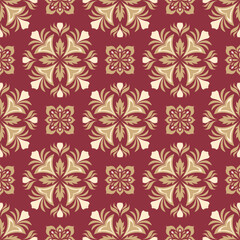 Seamless red and gold damask pattern background with intricate floral and ornamental motifs. Perfect for wallpaper, textiles, home decor, rugs, curtains, digital design and luxury branding. 