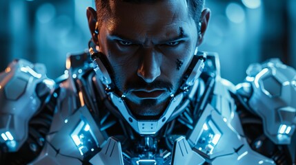 Fototapeta premium Futuristic soldier in high-tech armor preparing for battle in a dimly lit laboratory