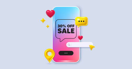 Sale 30 percent off discount. Social media phone app banner. Promotion price offer sign. Retail badge symbol. Social media search bar, like, chat 3d icons. Sale message. Vector