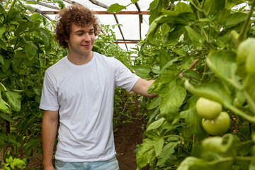 A man in a white t-shirt stands in a greenhouse with tomatoes