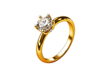 Shiny gold engagement ring with round brilliant cut diamond solitaire cut out isolated Transparent PNG Elements