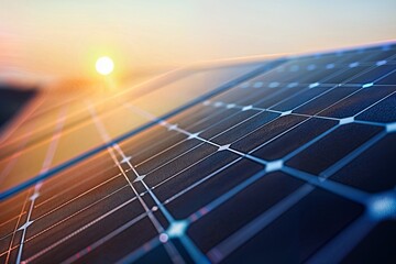 Solar Panel Energy. Close-up of blue solar panels with sun setting in background.