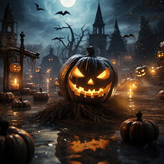 Funny Halloween pumpkins with white ghosts and black bats Matte painting ， 8K image quality, exquisite CG, and meticulous detail depiction ， Nostalgic colors ， Studio lighting ， Fisheye lens lens ， ab