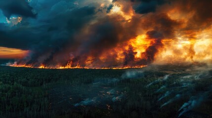Fototapeta premium forest fire advancing towards a small community, with flames and smoke threatening homes and wildlife