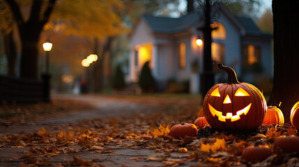Vertical shot of a jack-o-lantern against a spooky house - Halloween theme