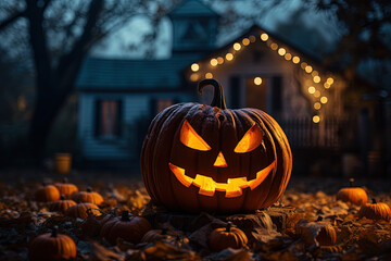 Vertical shot of a jack-o-lantern against a spooky house - Halloween theme