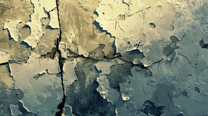 Close-up of cracked paint surface showcasing peeling layers and intricate textures, evoking a sense of weathered beauty.