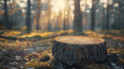 Obraz premium Forest stump surrounded by golden light in a tranquil woodland setting during autumn