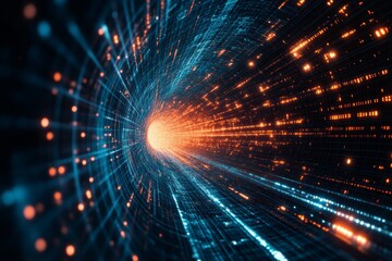 Naklejka premium Abstract image of a glowing data tunnel with dynamic lines and particles. Technological visualization representing network, speed, and connectivity.