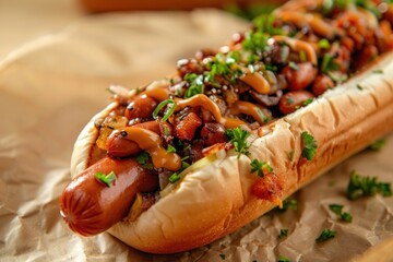 Close-up of a hot dog with toppings, tan background