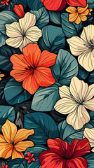 Seamless pattern with flowers, leaves, and abstract colors for a vintage wallpaper or nature-inspired design.