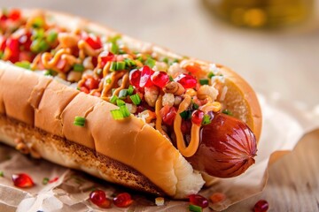Close-up of a hot dog with toppings, tan background