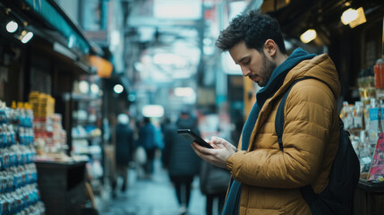 Obraz premium Focused man searching for local stores on his smartphone, surrounded by a bustling urban environment.