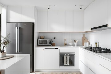 Fototapeta premium Minimal white kitchen featuring cozy textures and sleek appliances