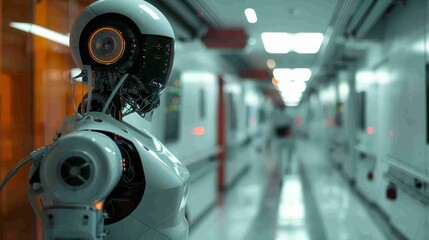 Fototapeta premium Humanoid robot standing in a futuristic corridor at a technology facility