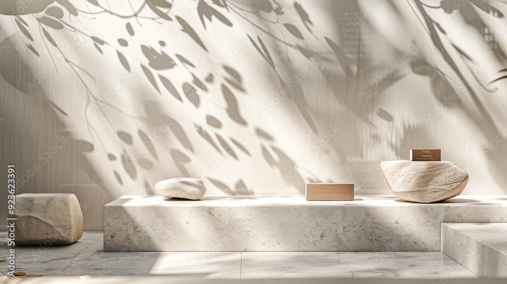 Wall mural Modern product display featuring clean lines, stone, and leaf shadows