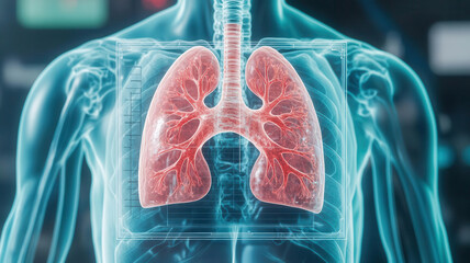 Pneumonia diagnosis, holographic respiratory visualization, futuristic recovery insights