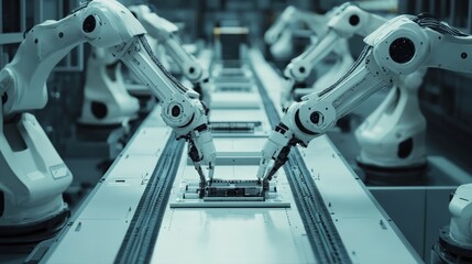 Automated robotic arms working on a production line, showcasing advanced manufacturing technology and industrial automation.