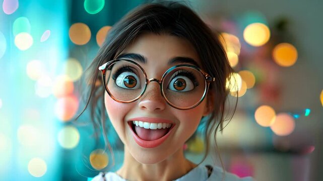 Cheerful young woman in big glasses smiling on colorful background, animated cute woman greeting hi to camera