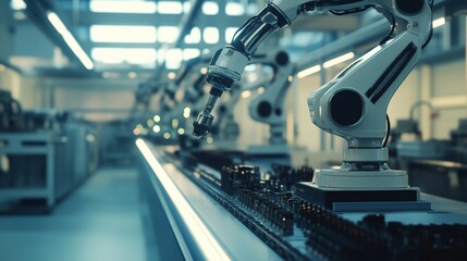 Fototapeta premium Automation in modern factory with robotic arms in focus, showcasing manufacturing technology and industrial innovation.
