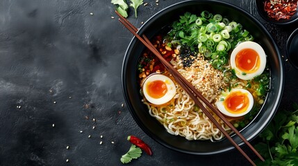 A delicious bowl of ramen with soft-boiled eggs, green onions, and spices.