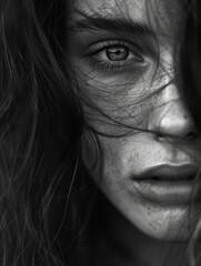 Fototapeta premium Intense Portrait of a Young Woman with Windswept Hair