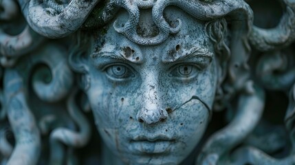 Detailed depiction of a stone Medusa sculpture with coiling snakes in a serene garden