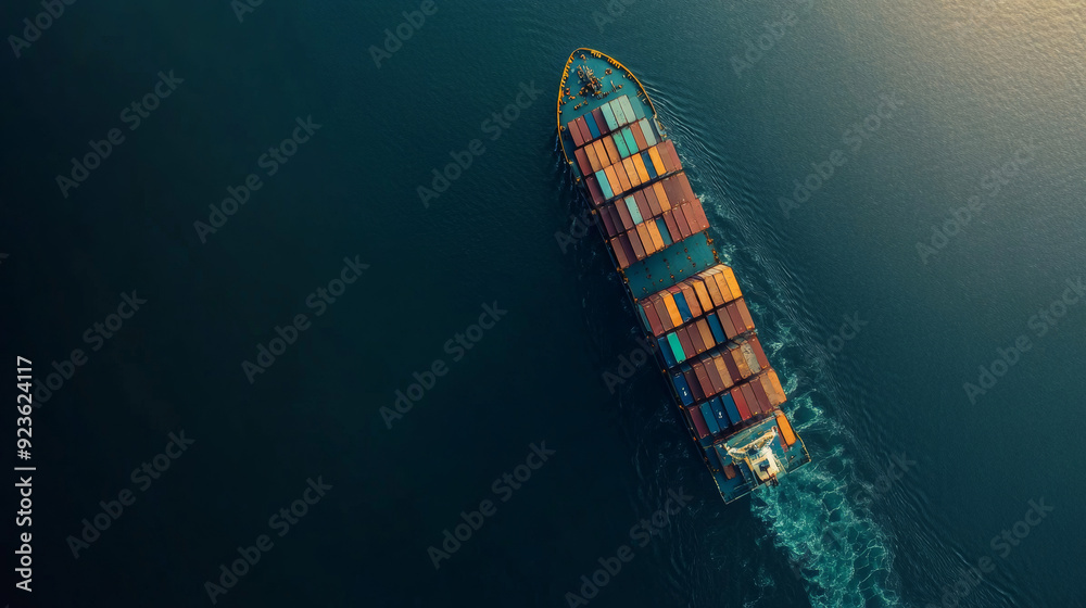 Wall mural Aerial top view of a container ship involved in export and import business and logistics. Shipping cargo to the harbor via crane.