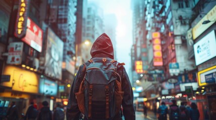 Obraz premium An adventurous traveler embraces the adventure of urban exploration, walking through the bustling city streets with a sense of adventure and curiosity, their dynamic and ambitious mood evident in