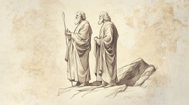 Exodus:Water from the Rock,Gratitude as Moses and Aaron Oversee Miracle Near Rock - Biblical Illustration, Bible Wall Art, Beige Background - Water from the Rock