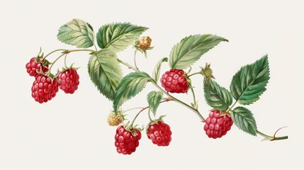 A detailed illustration of raspberry branches with ripe and unripe fruits and leaves.