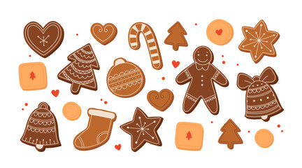 Set of gingerbread Christmas cookies with fondant icing in shape of forest trees, five-pointed stars and sweet cane, stocking and bell. Cute vector holiday illustration with homemade baked goods.
