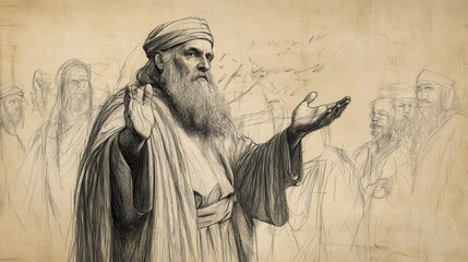 Fototapeta premium Exodus:Laws About Property,Fair and Just Property Treatment Emphasized by Moses to Israelites - Biblical Illustration, Bible Wall Art, Beige Background - Laws About Property