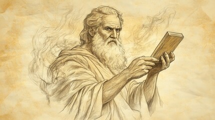 Fototapeta premium Exodus:The Ten Commandments,Righteous Anger as Moses Sees Golden Calf and Israelites' Disobedience, Tablets in Hand - Biblical Illustration, Bible Wall Art, Beige Background - The Ten Commandments