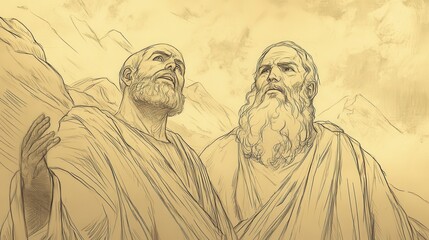 Fototapeta premium Exodus:The Israelites at Mount Sinai,Joshua Seeks Guidance and Support from Moses on Mount Sinai - Biblical Illustration, Bible Wall Art, Beige Background - Mount Sinai