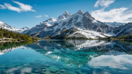 Crystal-Clear Alpine Lake: Pristine Turquoise Waters Reflecting Snow-Capped Peaks