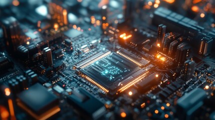Obraz premium Close-up of a glowing microchip on a circuit board, showcasing the complexity of modern technology and electronics.