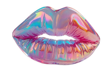 Obraz premium Holographic element in Y2K style, lips isolated on transparent background. Inflated 3D chrome holographic sticker, kiss.