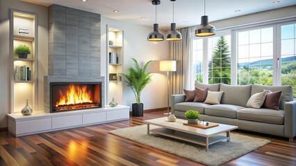 A bright and Modern Living Room with safety features including grounded outlets, surge protectors, and a fire extinguisher emphasizing electrical safety at home.