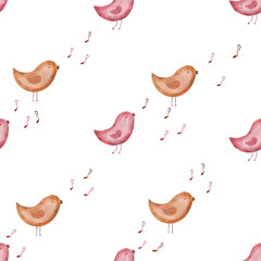 Childrens cute seamless pattern with birds and musical notes. Handmade watercolor illustration on white background. For wrapping paper, textile