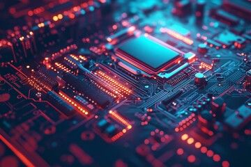 Obraz premium Close-up of a motherboard with glowing circuits in vibrant red and blue colors representing modern technology and computing power.