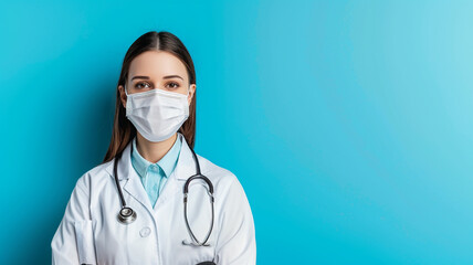 A young female doctor wearing a white coat  on blue background