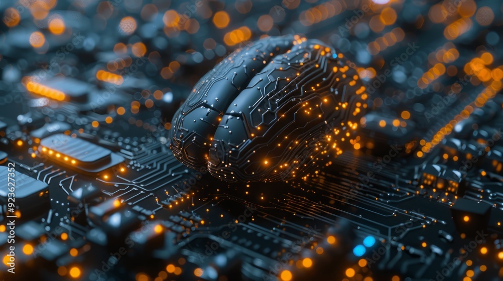 Poster a futuristic brain model sits on a circuit board with glowing connections in a tech-themed setting