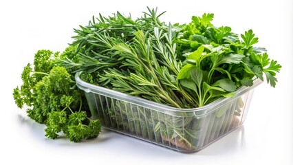 Fototapeta premium A bundle of fresh green herbs, including parsley, rosemary, and thyme, are neatly arranged in a clear plastic container on a white background.