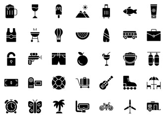 A Collection Of Summer Holidays Glyph Icons Icons Silhouette Vector Logo Design Containing Holiday,Sea,Vacation,Fashion,Holidays Set Vector Flat Line Icons